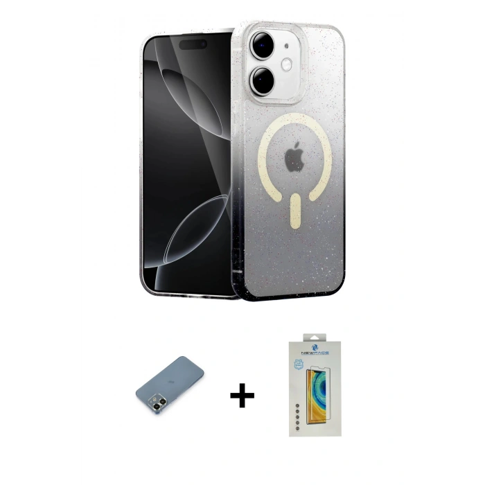 MARSİLYAN™- iPhone 12 Kılıf Eksen Minimal Özel Seri - Siyah Polymer Nano Ekran Koruyucu + Metal Kamera Lens Koruma Cam - AKYL