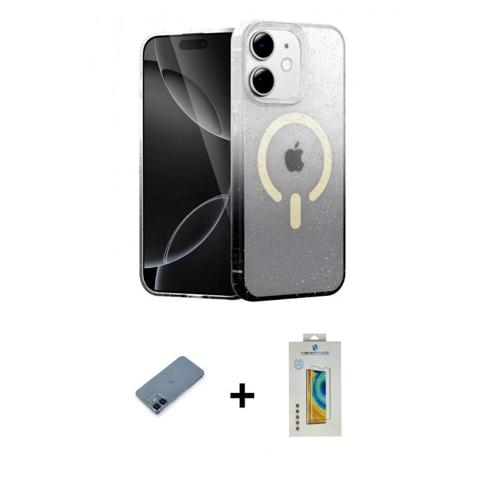 MARSİLYAN™- iPhone 12 Kılıf Eksen Minimal Özel Seri - Siyah Polymer Nano Ekran Koruyucu + Metal Kamera Lens Koruma Cam - MI