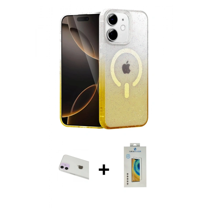 MARSİLYAN™- iPhone 12 Kılıf Eksen Minimal Özel Seri - Siyah Polymer Nano Ekran Koruyucu + Rainbow Kamera Lens Koruma Cam - MR