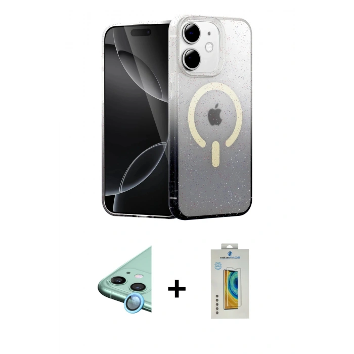 MARSİLYAN™- iPhone 12 Kılıf Eksen Minimal Özel Seri - Siyah Polymer Nano Ekran Koruyucu + Raze Metal Kamera Lens - MI