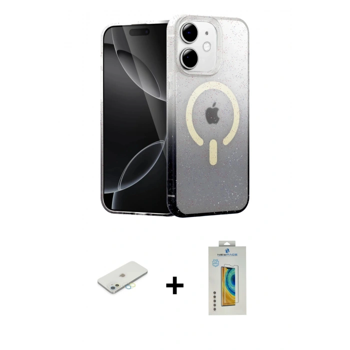 MARSİLYAN™- iPhone 12 Kılıf Eksen Minimal Özel Seri - Siyah Polymer Nano Ekran Koruyucu + Sarı Renkli Kamera Lens Koruma Cam