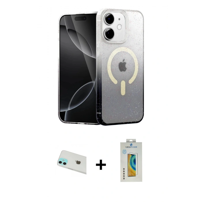 MARSİLYAN™- iPhone 12 Kılıf Eksen Minimal Özel Seri - Siyah Polymer Nano Ekran Koruyucu + Rainbow Kamera Lens Koruma Cam - YL