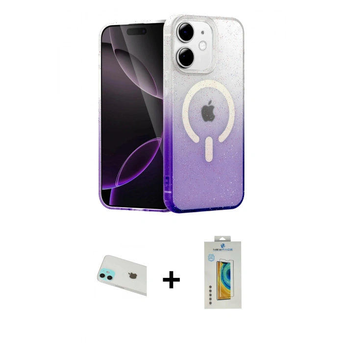 MARSİLYAN™- iPhone 12 Kılıf Eksen Minimal Özel Seri - Siyah Polymer Nano Ekran Koruyucu + Rainbow Kamera Lens Koruma Cam - YL