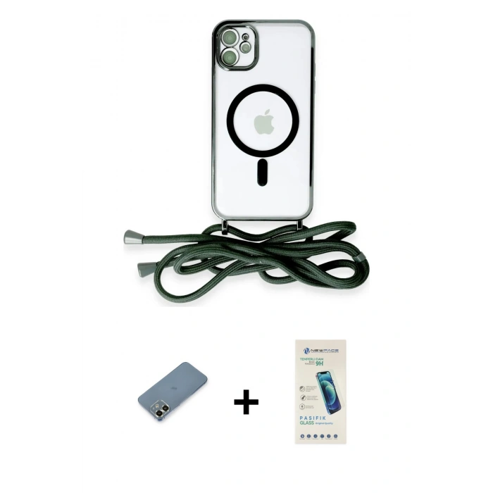 MARSİLYAN™- iPhone 12 Kılıf Eksen Özel Seri - Şeffaf Pasifik Cam Ekran Koruyucu + Metal Kamera Lens Koruma Cam - AKYL