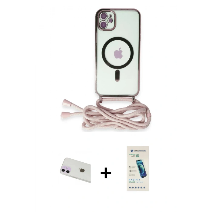 MARSİLYAN™- iPhone 12 Kılıf Eksen Özel Seri - Şeffaf Pasifik Cam Ekran Koruyucu + Mor Rainbow Kamera Lens Koruma Cam
