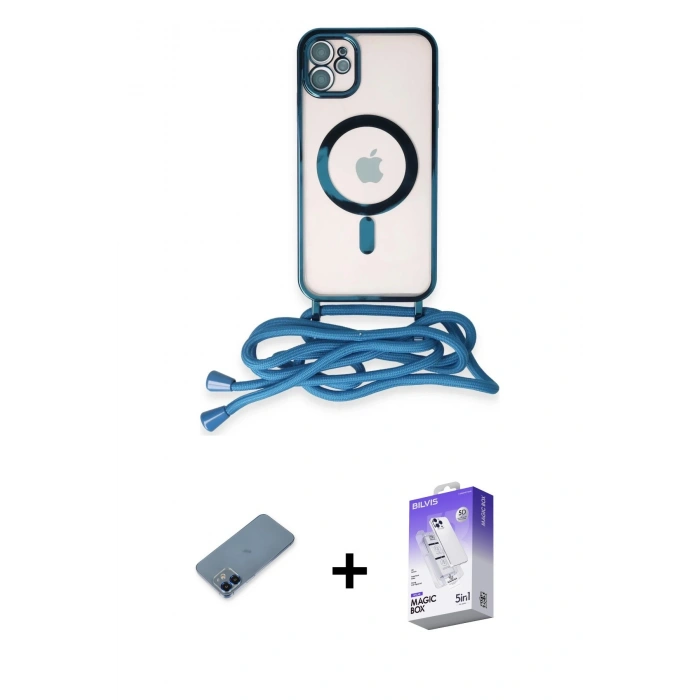 MARSİLYAN™- iPhone 12 Kılıf Eksen Özel Seri - Siyah Bilvis 5in1 3D Magic Cam Ekran Koruyucu + Mavi Metal Kamera Lens Koruma Cam