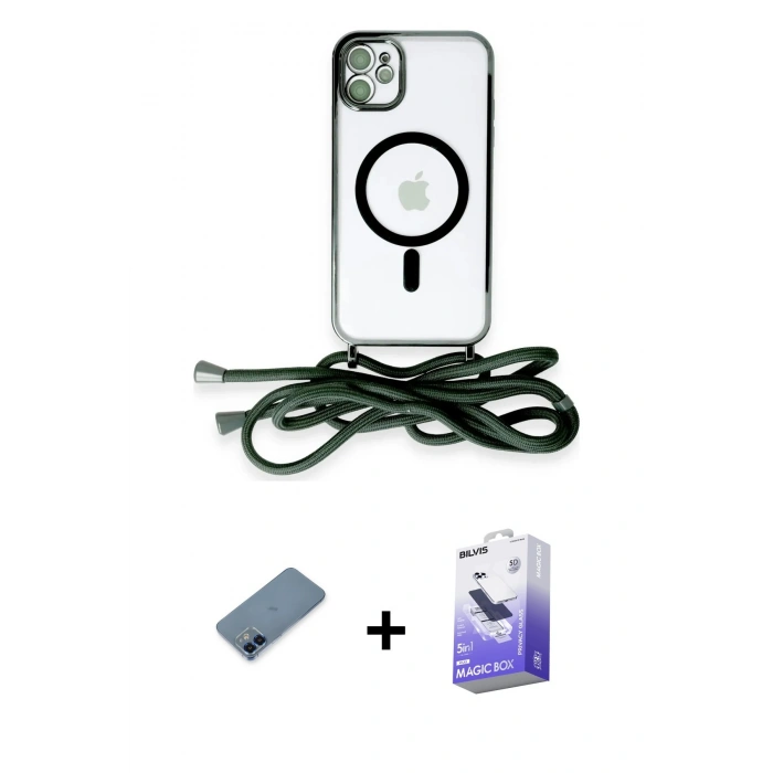 MARSİLYAN™- iPhone 12 Kılıf Eksen Özel Seri - Siyah Bilvis 5in1 5D Magic Hayalet Cam Ekran Koruyucu + Metal Kamera Lens Koruma Cam - MI