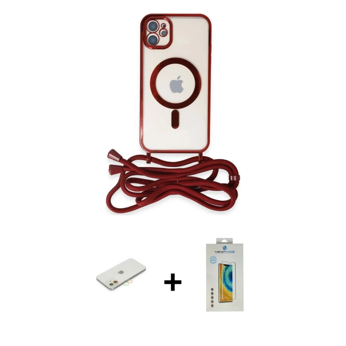 MARSİLYAN™- iPhone 12 Kılıf Eksen Özel Seri - Siyah Polymer Nano Ekran Koruyucu + Turuncu Renkli Kamera Lens Koruma Cam