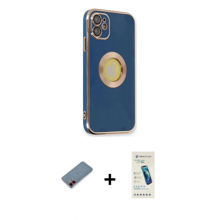 MARSİLYAN™- iPhone 12 Kılıf İz Form Serisi - Şeffaf Pasifik Cam Ekran Koruyucu + Metal Kamera Lens Koruma Cam - KI