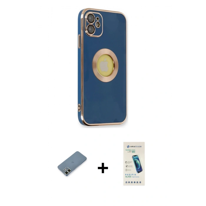 MARSİLYAN™- iPhone 12 Kılıf İz Form Serisi - Şeffaf Pasifik Cam Ekran Koruyucu + Metal Kamera Lens Koruma Cam - AKYL