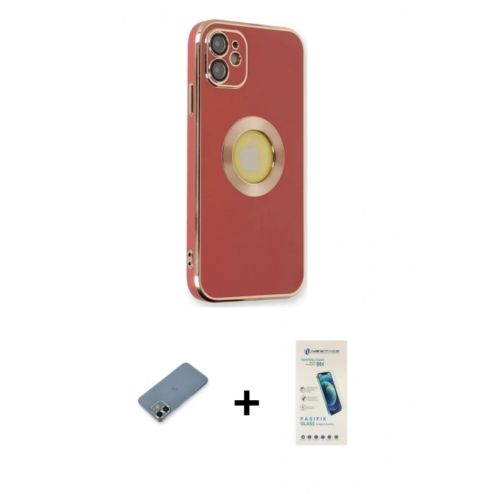 MARSİLYAN™- iPhone 12 Kılıf İz Form Serisi - Şeffaf Pasifik Cam Ekran Koruyucu + Metal Kamera Lens Koruma Cam - AKYL