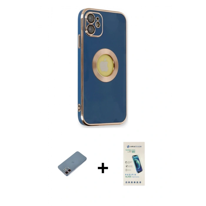 MARSİLYAN™- iPhone 12 Kılıf İz Form Serisi - Şeffaf Pasifik Cam Ekran Koruyucu + Shine Kamera Lens Koruma Cam - PE