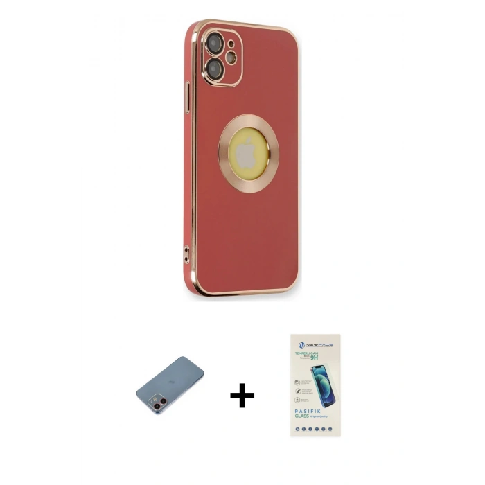 MARSİLYAN™- iPhone 12 Kılıf İz Form Serisi - Şeffaf Pasifik Cam Ekran Koruyucu + Shine Kamera Lens Koruma Cam - PE