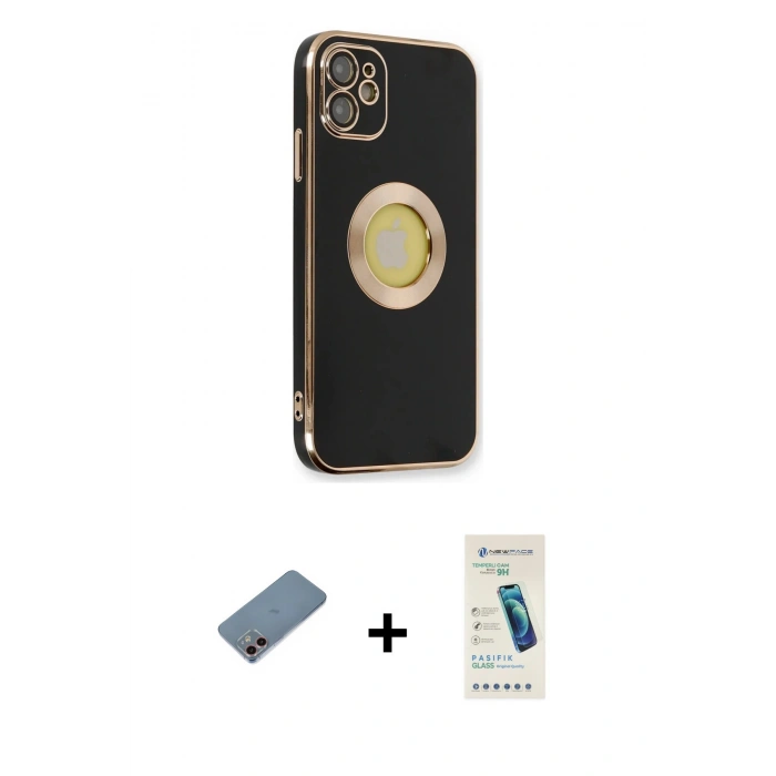 MARSİLYAN™- iPhone 12 Kılıf İz Form Serisi - Şeffaf Pasifik Cam Ekran Koruyucu + Shine Kamera Lens Koruma Cam - PE