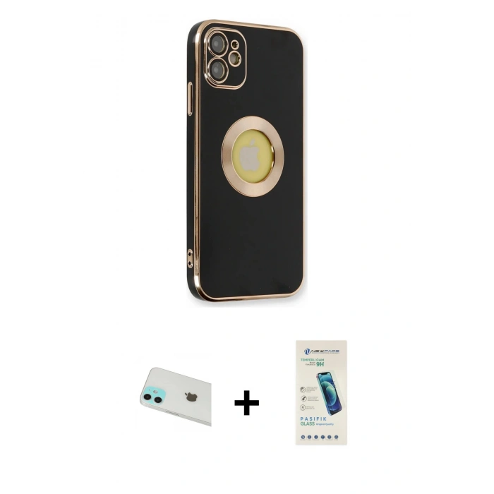 MARSİLYAN™- iPhone 12 Kılıf İz Form Serisi - Şeffaf Pasifik Cam Ekran Koruyucu + Yeşil Rainbow Kamera Lens Koruma Cam