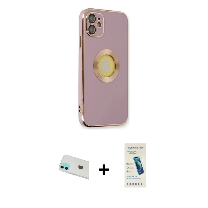 MARSİLYAN™- iPhone 12 Kılıf İz Form Serisi - Şeffaf Pasifik Cam Ekran Koruyucu + Yeşil Rainbow Kamera Lens Koruma Cam