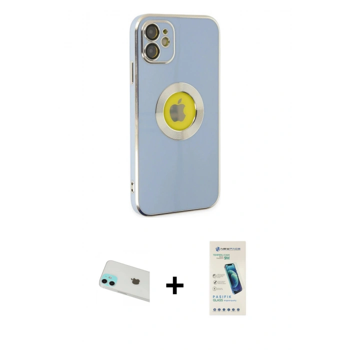 MARSİLYAN™- iPhone 12 Kılıf İz Form Serisi - Şeffaf Pasifik Cam Ekran Koruyucu + Yeşil Rainbow Kamera Lens Koruma Cam