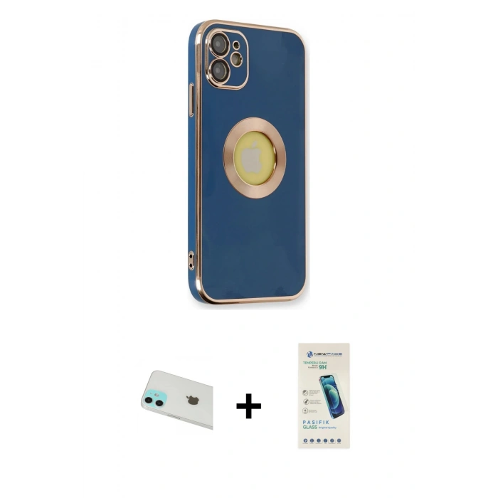 MARSİLYAN™- iPhone 12 Kılıf İz Form Serisi - Şeffaf Pasifik Cam Ekran Koruyucu + Yeşil Rainbow Kamera Lens Koruma Cam