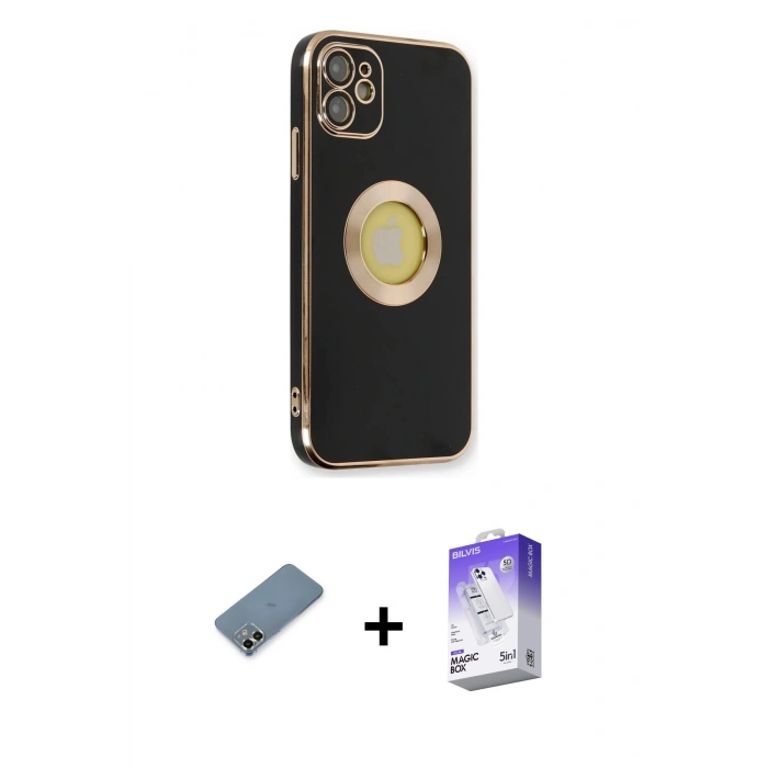 MARSİLYAN™- iPhone 12 Kılıf İz Form Serisi - Siyah Bilvis 5in1 3D Magic Cam Ekran Koruyucu + Metal Kamera Lens Koruma Cam - AKYL