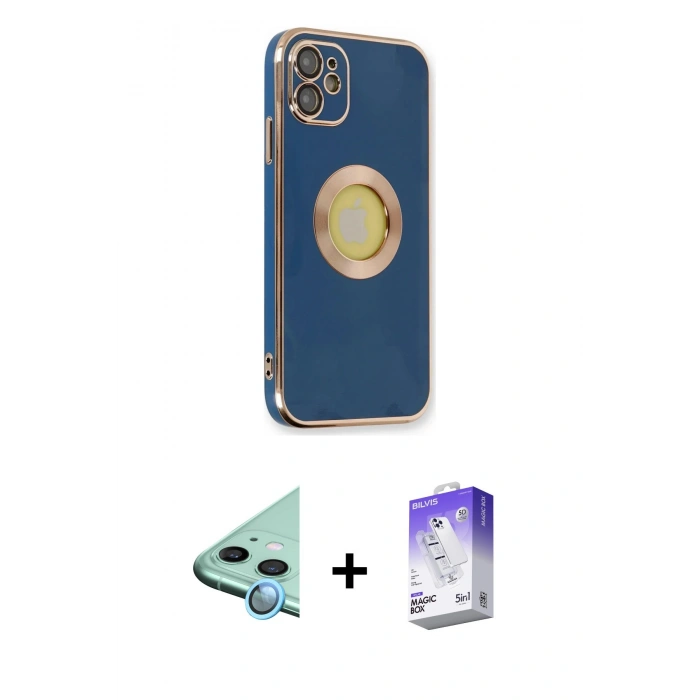 MARSİLYAN™- iPhone 12 Kılıf İz Form Serisi - Siyah Bilvis 5in1 3D Magic Cam Ekran Koruyucu + Raze Metal Kamera Lens - MI