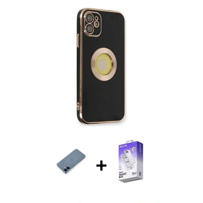 MARSİLYAN™- iPhone 12 Kılıf İz Form Serisi - Siyah Bilvis 5in1 3D Magic Cam Ekran Koruyucu + Metal Kamera Lens Koruma Cam - MI
