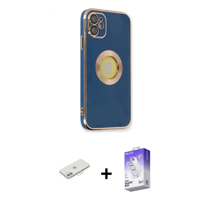 MARSİLYAN™- iPhone 12 Kılıf İz Form Serisi - Siyah Bilvis 5in1 3D Magic Cam Ekran Koruyucu + Renkli Kamera Lens Koruma Cam - PE