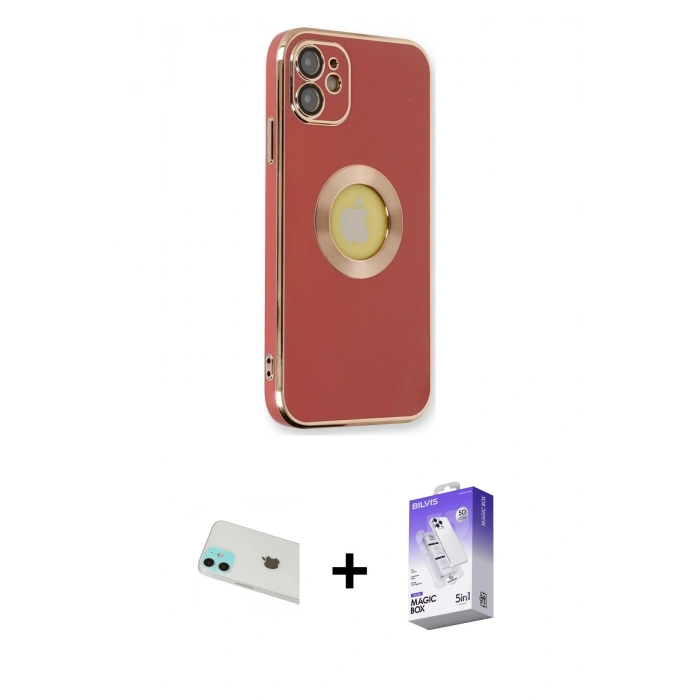 MARSİLYAN™- iPhone 12 Kılıf İz Form Serisi - Siyah Bilvis 5in1 3D Magic Cam Ekran Koruyucu + Rainbow Kamera Lens Koruma Cam - YL