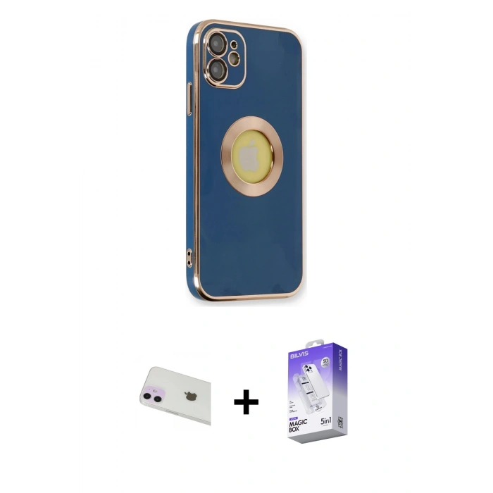 MARSİLYAN™- iPhone 12 Kılıf İz Form Serisi - Siyah Bilvis 5in1 3D Magic Cam Ekran Koruyucu + Rainbow Kamera Lens Koruma Cam - MR