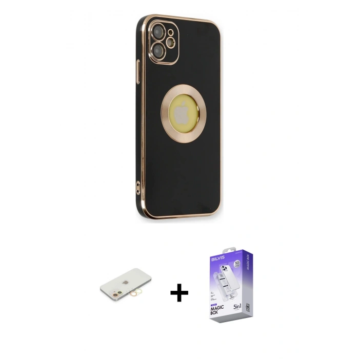 MARSİLYAN™- iPhone 12 Kılıf İz Form Serisi - Siyah Bilvis 5in1 3D Magic Cam Ekran Koruyucu + Sarı Renkli Kamera Lens Koruma Cam
