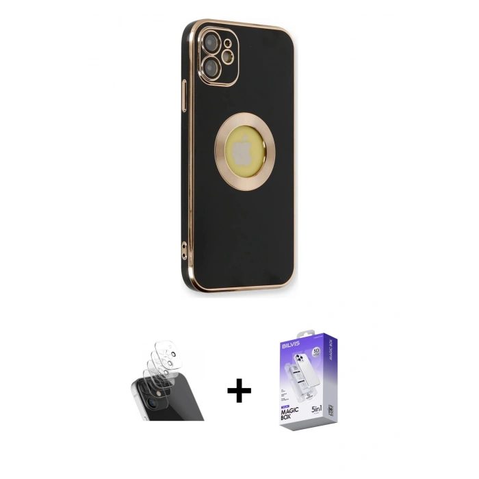 MARSİLYAN™- iPhone 12 Kılıf İz Form Serisi - Siyah Bilvis 5in1 3D Magic Cam Ekran Koruyucu + Kamera Lens Koruma Cam - SF