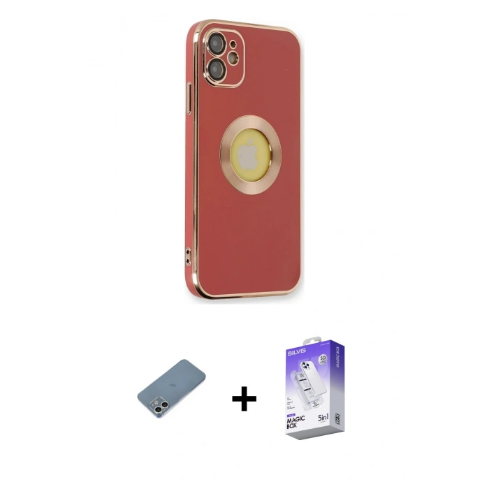 MARSİLYAN™- iPhone 12 Kılıf İz Form Serisi - Siyah Bilvis 5in1 3D Magic Cam Ekran Koruyucu + Shine Kamera Lens Koruma Cam - GS