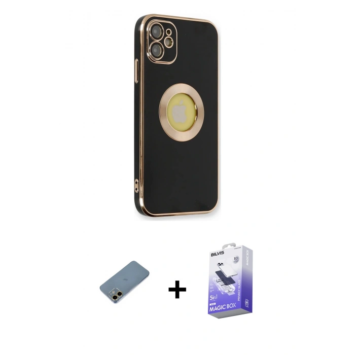 MARSİLYAN™- iPhone 12 Kılıf İz Form Serisi - Siyah Bilvis 5in1 5D Magic Hayalet Cam Ekran Koruyucu + Shine Kamera Lens Koruma Cam - GD