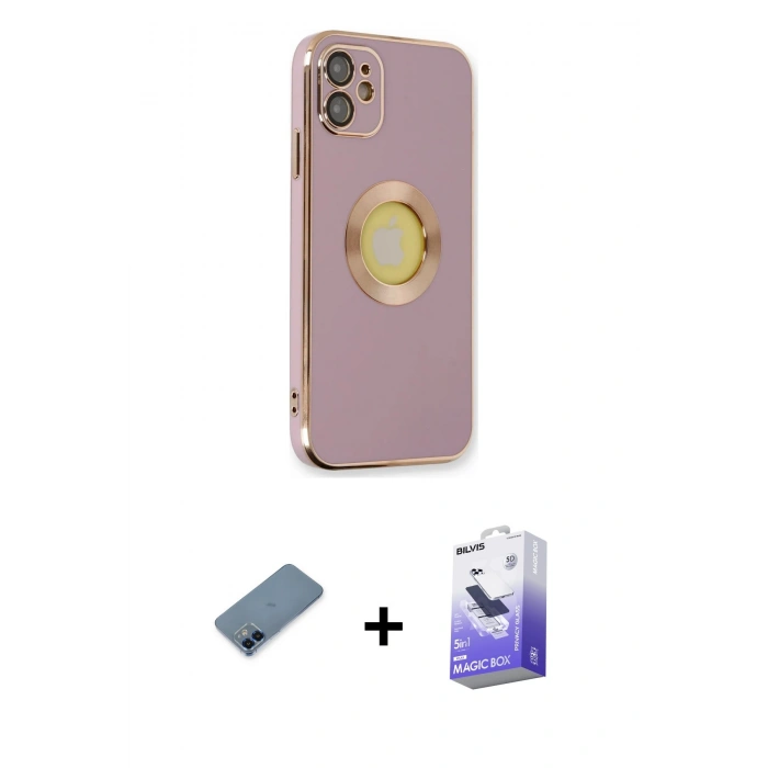 MARSİLYAN™- iPhone 12 Kılıf İz Form Serisi - Siyah Bilvis 5in1 5D Magic Hayalet Cam Ekran Koruyucu + Mavi Metal Kamera Lens Koruma Cam