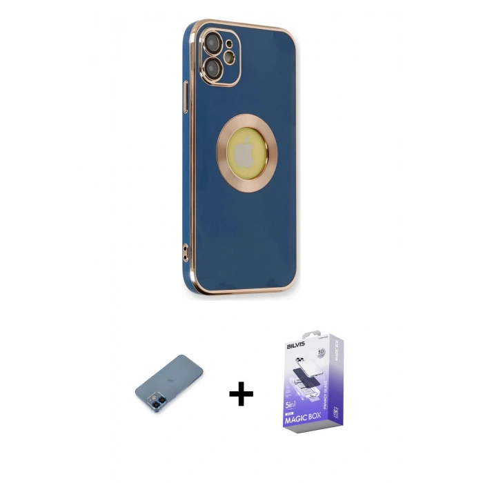 MARSİLYAN™- iPhone 12 Kılıf İz Form Serisi - Siyah Bilvis 5in1 5D Magic Hayalet Cam Ekran Koruyucu + Mavi Metal Kamera Lens Koruma Cam