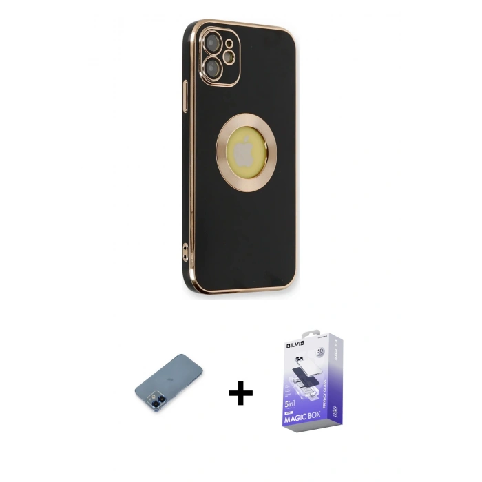 MARSİLYAN™- iPhone 12 Kılıf İz Form Serisi - Siyah Bilvis 5in1 5D Magic Hayalet Cam Ekran Koruyucu + Mavi Metal Kamera Lens Koruma Cam