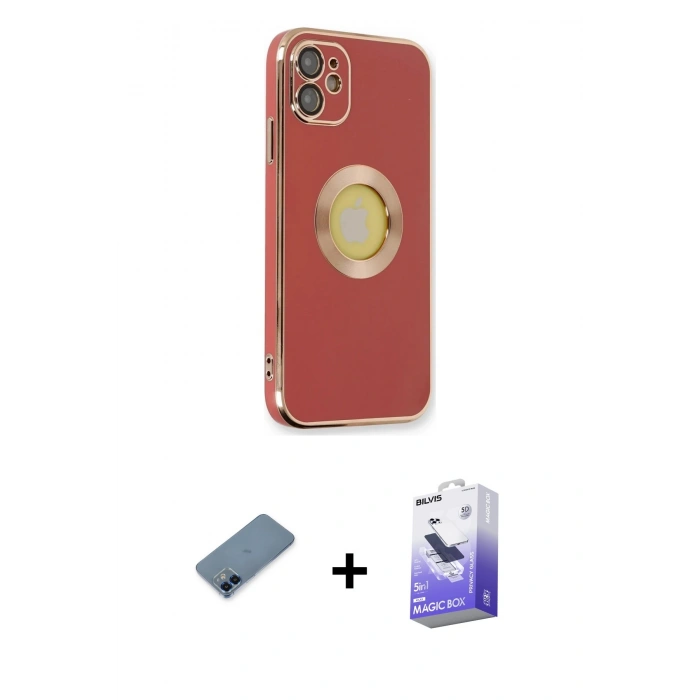 MARSİLYAN™- iPhone 12 Kılıf İz Form Serisi - Siyah Bilvis 5in1 5D Magic Hayalet Cam Ekran Koruyucu + Mavi Metal Kamera Lens Koruma Cam