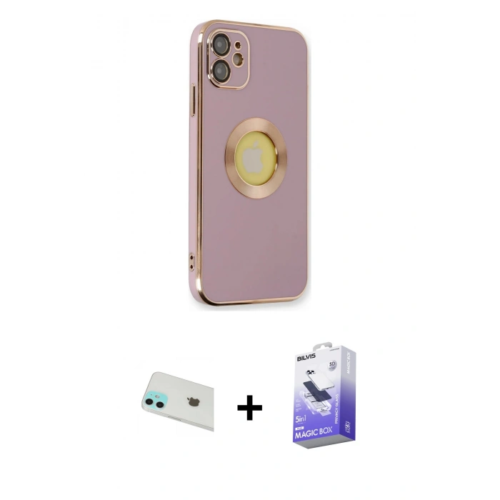 MARSİLYAN™- iPhone 12 Kılıf İz Form Serisi - Siyah Bilvis 5in1 5D Magic Hayalet Cam Ekran Koruyucu + Rainbow Kamera Lens Koruma Cam - YL