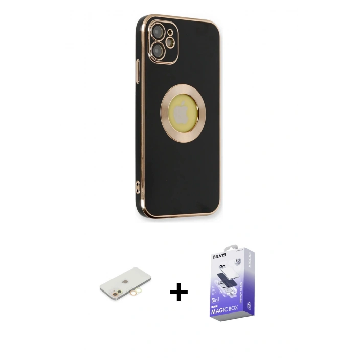 MARSİLYAN™- iPhone 12 Kılıf İz Form Serisi - Siyah Bilvis 5in1 5D Magic Hayalet Cam Ekran Koruyucu + Renkli Kamera Lens Koruma Cam - SI