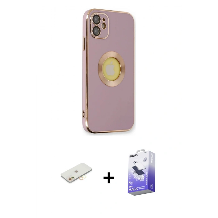 MARSİLYAN™- iPhone 12 Kılıf İz Form Serisi - Siyah Bilvis 5in1 5D Magic Hayalet Cam Ekran Koruyucu + Renkli Kamera Lens Koruma Cam - SI