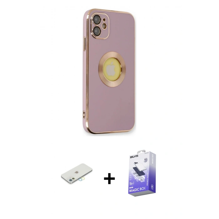 MARSİLYAN™- iPhone 12 Kılıf İz Form Serisi - Siyah Bilvis 5in1 5D Magic Hayalet Cam Ekran Koruyucu + Renkli Kamera Lens Koruma Cam - SI