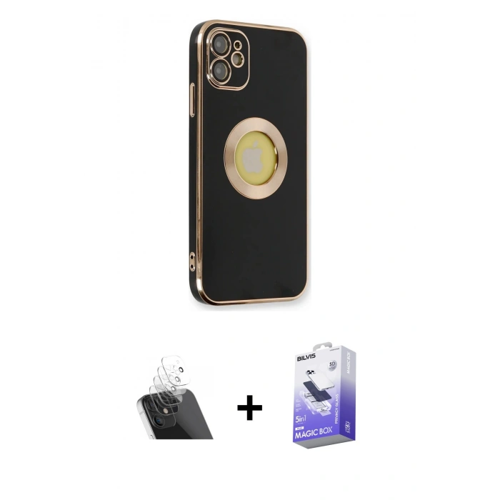 MARSİLYAN™- iPhone 12 Kılıf İz Form Serisi - Siyah Bilvis 5in1 5D Magic Hayalet Cam Ekran Koruyucu + Kamera Lens Koruma Cam - SF