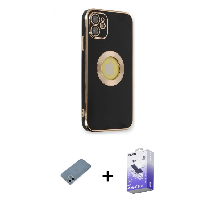 MARSİLYAN™- iPhone 12 Kılıf İz Form Serisi - Siyah Bilvis 5in1 5D Magic Hayalet Cam Ekran Koruyucu + Shine Kamera Lens Koruma Cam - SABE