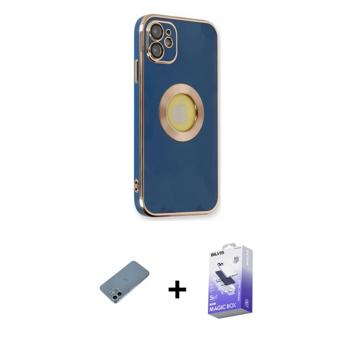 MARSİLYAN™- iPhone 12 Kılıf İz Form Serisi - Siyah Bilvis 5in1 5D Magic Hayalet Cam Ekran Koruyucu + Shine Kamera Lens Koruma Cam - SABE