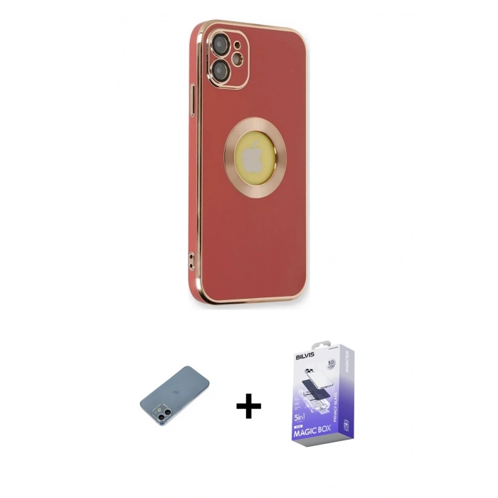 MARSİLYAN™- iPhone 12 Kılıf İz Form Serisi - Siyah Bilvis 5in1 5D Magic Hayalet Cam Ekran Koruyucu + Shine Kamera Lens Koruma Cam - SABE