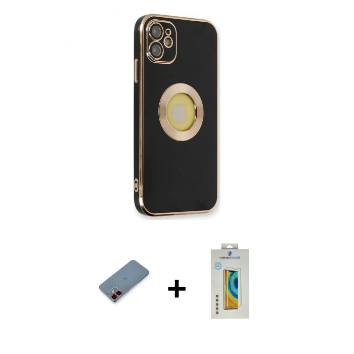 MARSİLYAN™- iPhone 12 Kılıf İz Form Serisi - Siyah Polymer Nano Ekran Koruyucu + Metal Kamera Lens Koruma Cam - KI