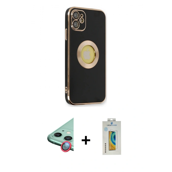 MARSİLYAN™- iPhone 12 Kılıf İz Form Serisi - Siyah Polymer Nano Ekran Koruyucu + Raze Metal Kamera Lens - KI