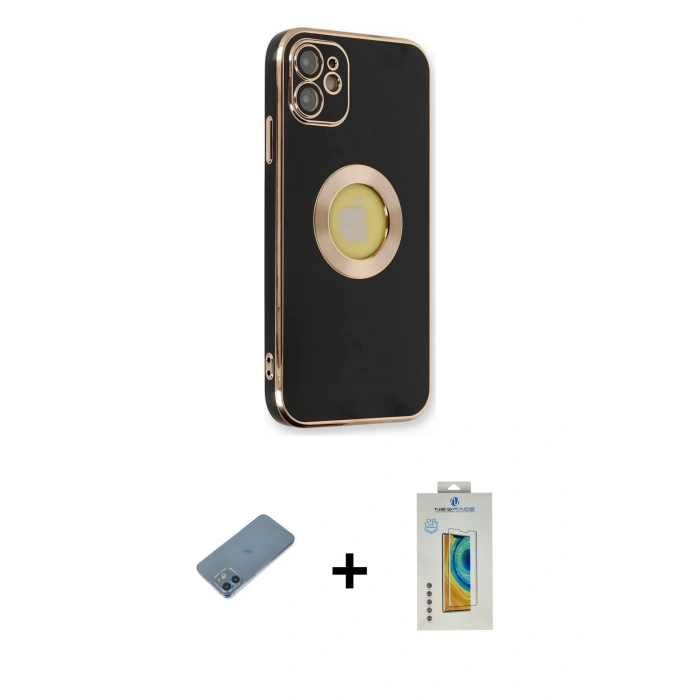 MARSİLYAN™- iPhone 12 Kılıf İz Form Serisi - Siyah Polymer Nano Ekran Koruyucu + Mavi Shine Kamera Lens Koruma Cam