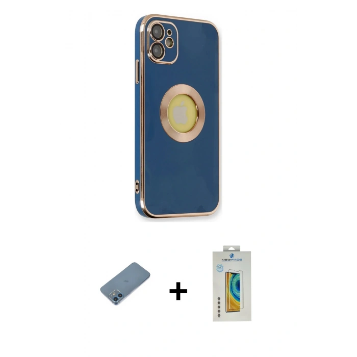 MARSİLYAN™- iPhone 12 Kılıf İz Form Serisi - Siyah Polymer Nano Ekran Koruyucu + Mavi Shine Kamera Lens Koruma Cam