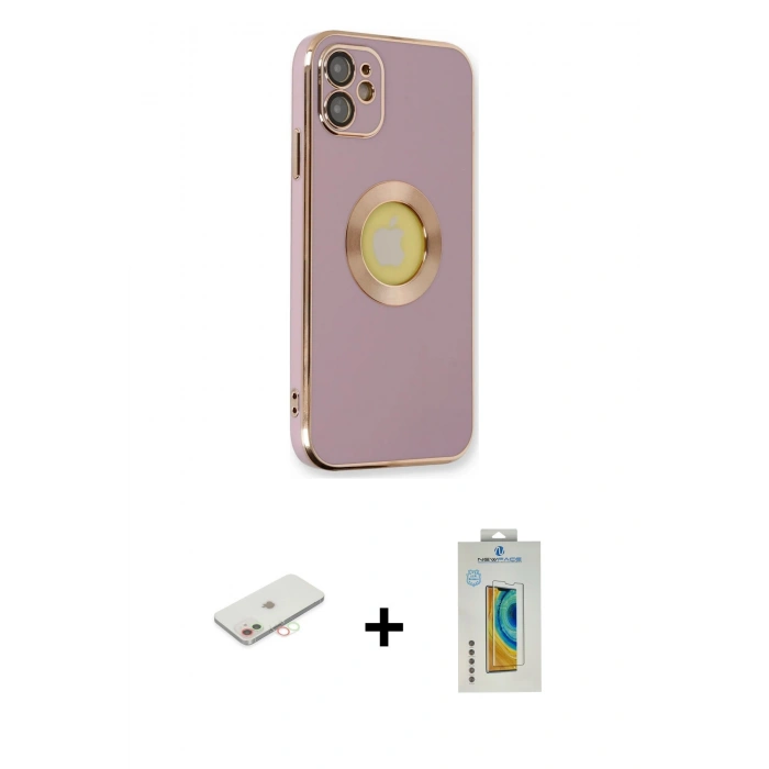 MARSİLYAN™- iPhone 12 Kılıf İz Form Serisi - Siyah Polymer Nano Ekran Koruyucu + Renkli Kamera Lens Koruma Cam - YL