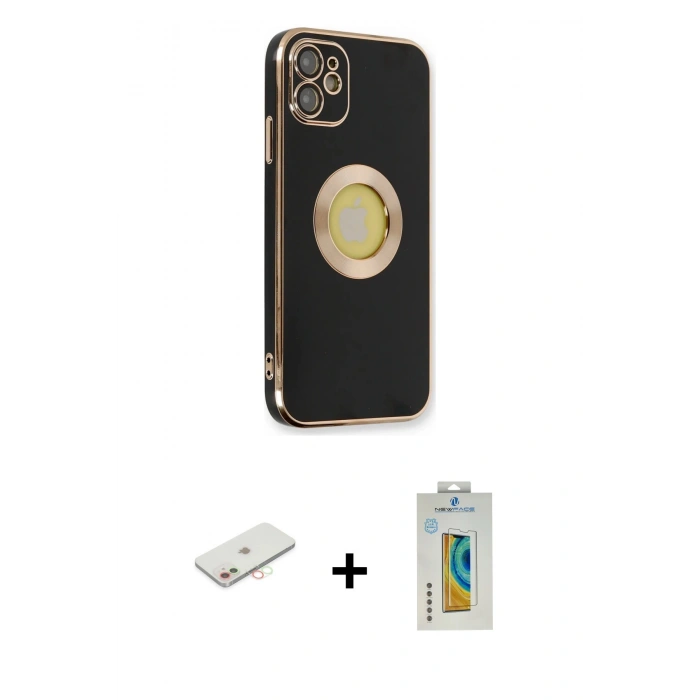 MARSİLYAN™- iPhone 12 Kılıf İz Form Serisi - Siyah Polymer Nano Ekran Koruyucu + Renkli Kamera Lens Koruma Cam - YL